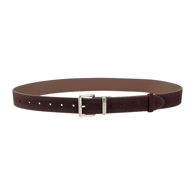 Ceinture femme Mont-Blanc en cuir de vachette traité daim, couleur café foncé, avec boucle ardillon rectangulaire argentée.