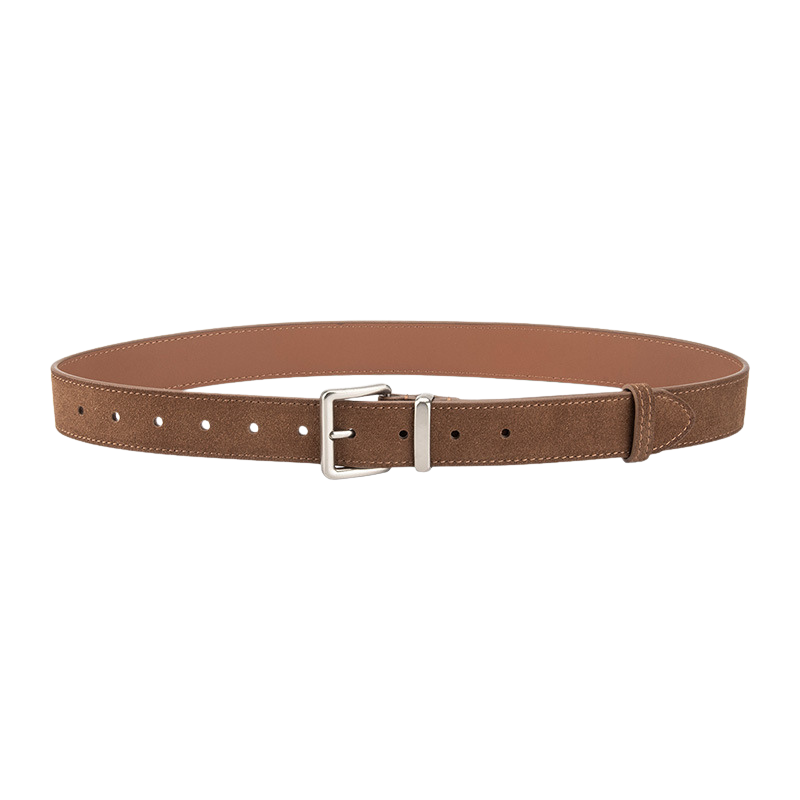 Ceinture femme Mont-Blanc en cuir de vachette marron traité daim, avec boucle ardillon argentée rectangulaire et finition brossée.