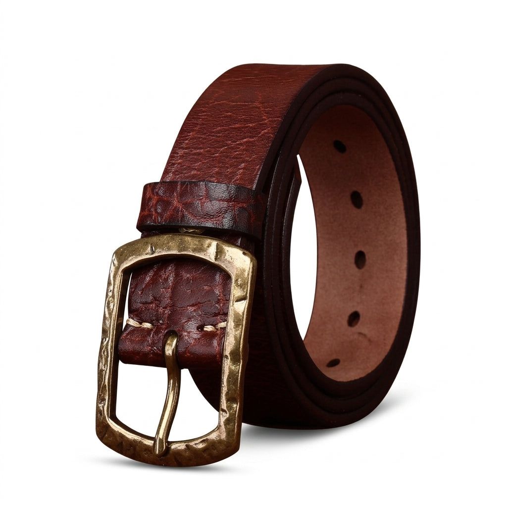 Ceinture homme Morvan en cuir pleine fleur de vachette marron avec effet craquelé et boucle ardillon en cuivre massif patiné au style vintage