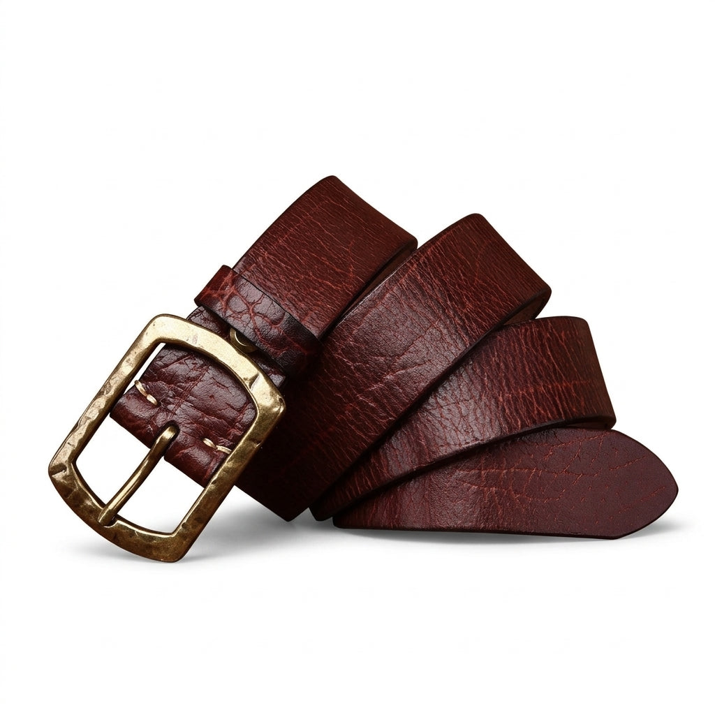 Ceinture homme artisanale Morvan en cuir pleine fleur de vachette marron avec effet craquelé et boucle ardillon en cuivre massif patiné, présentée sur un fond en cuir texturé #fullwidth