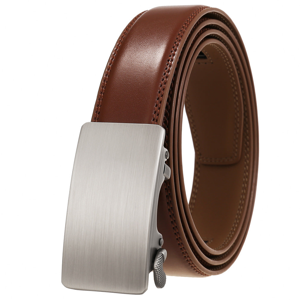 Ceinture homme Moscou 95 en cuir marron clair avec boucle automatique rectangulaire argentée et coutures ton sur ton.
