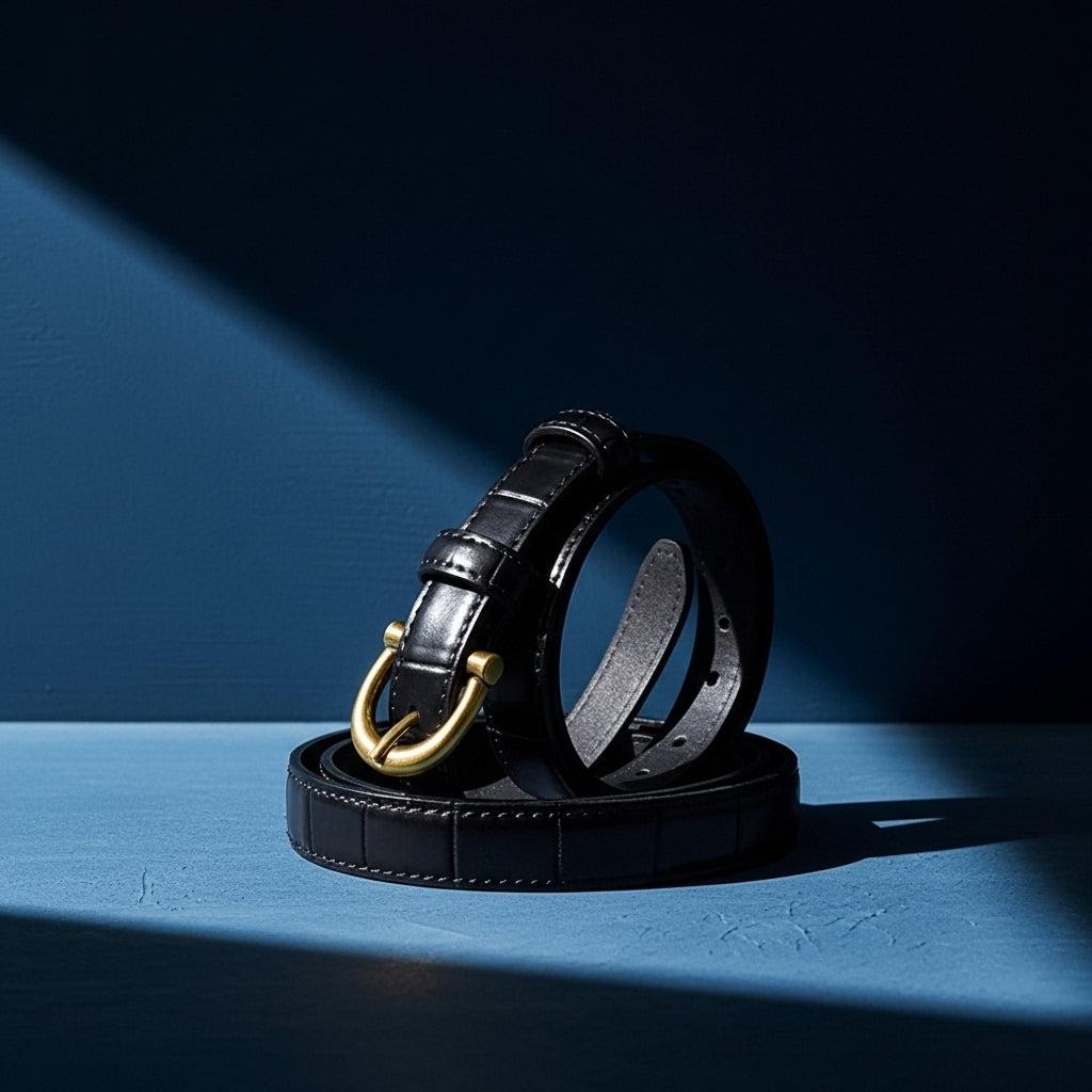 Ceinture Mylène noire extra fine en cuir de vachette effet croco brillant avec une boucle ardillon dorée en forme de U. #fullwidth