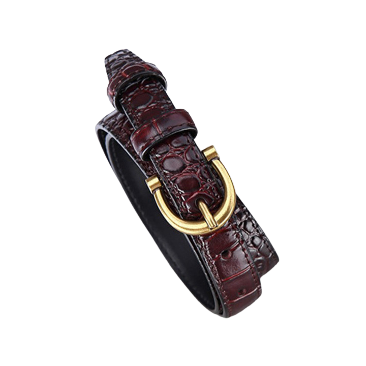 Ceinture femme Mylène en cuir de vachette refendu bordeaux avec effet croco brillant et boucle dorée en U