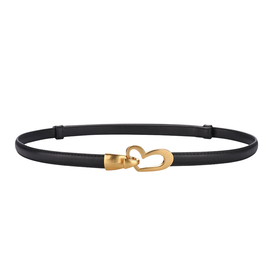 Ceinture fine noire en cuir avec boucle dorée en forme de cœur, modèle Myosotis.