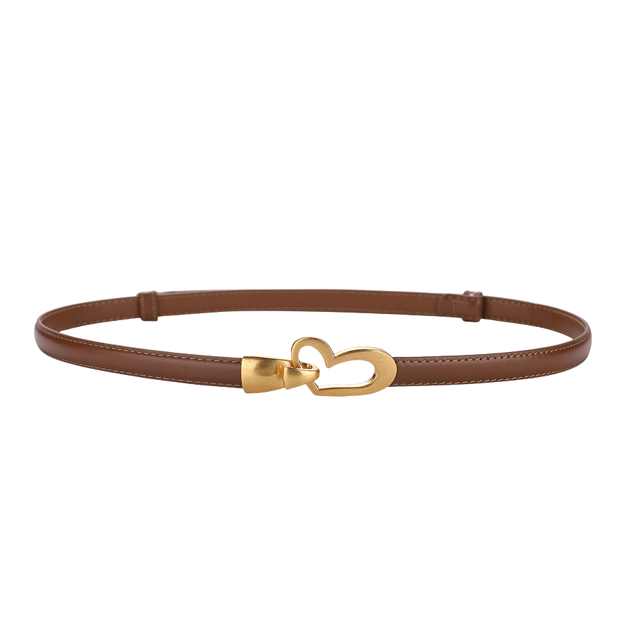 Ceinture fine en cuir marron pour femme, modèle Myosotis, avec boucle dorée en forme de cœur et finition artisanale.