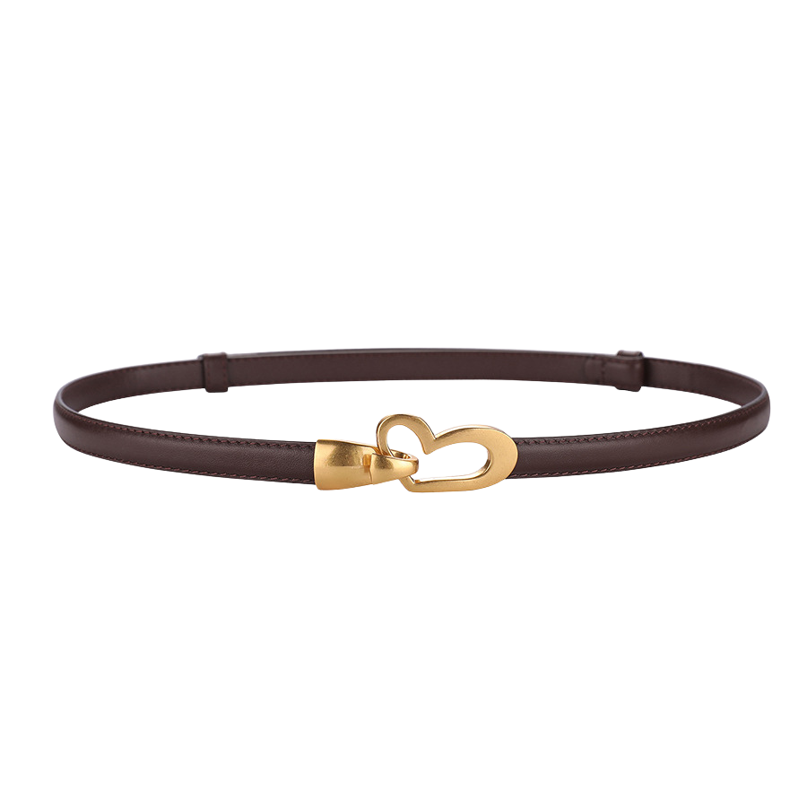 Ceinture fine en cuir marron pour femme, modèle Myosotis, avec boucle dorée en forme de cœur.