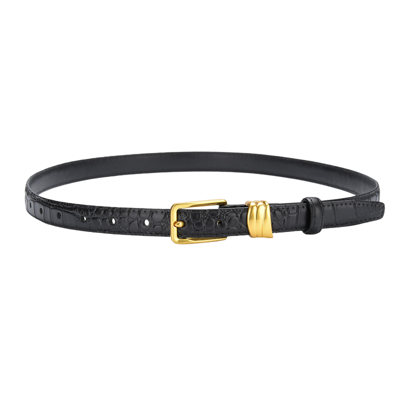 Ceinture femme Mystique noire en cuir avec motif crocodile et boucle dorée rectangulaire.
