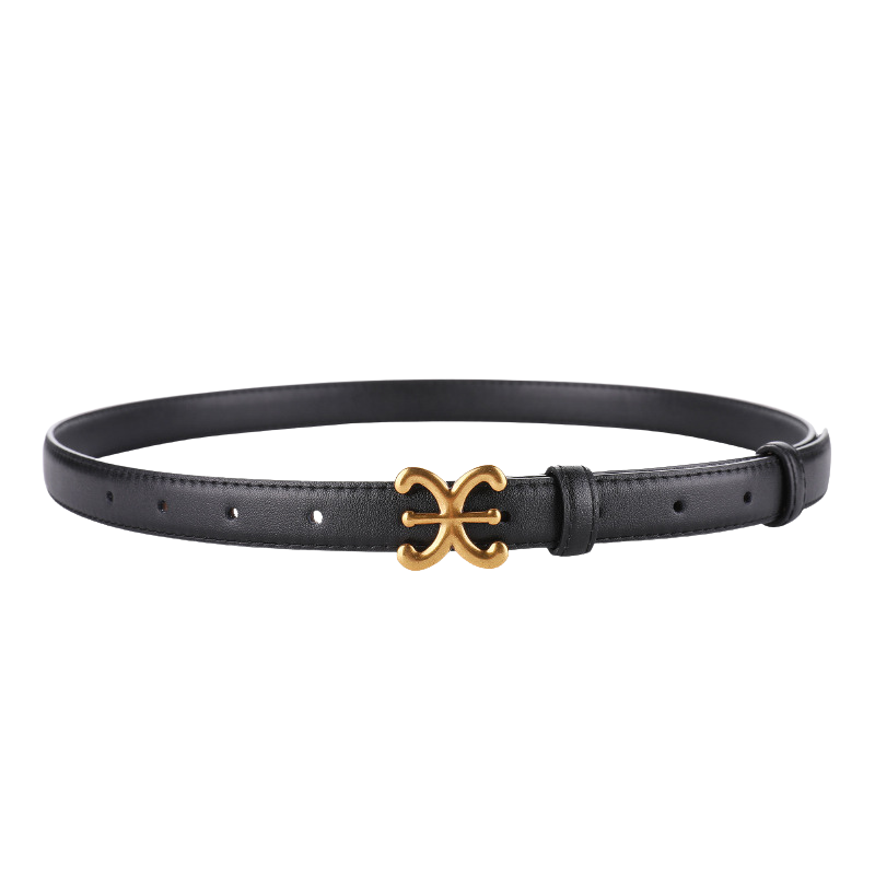 Ceinture Nacre noire en cuir de vachette avec boucle ardillon dorée originale en forme de nœud floral stylisé.