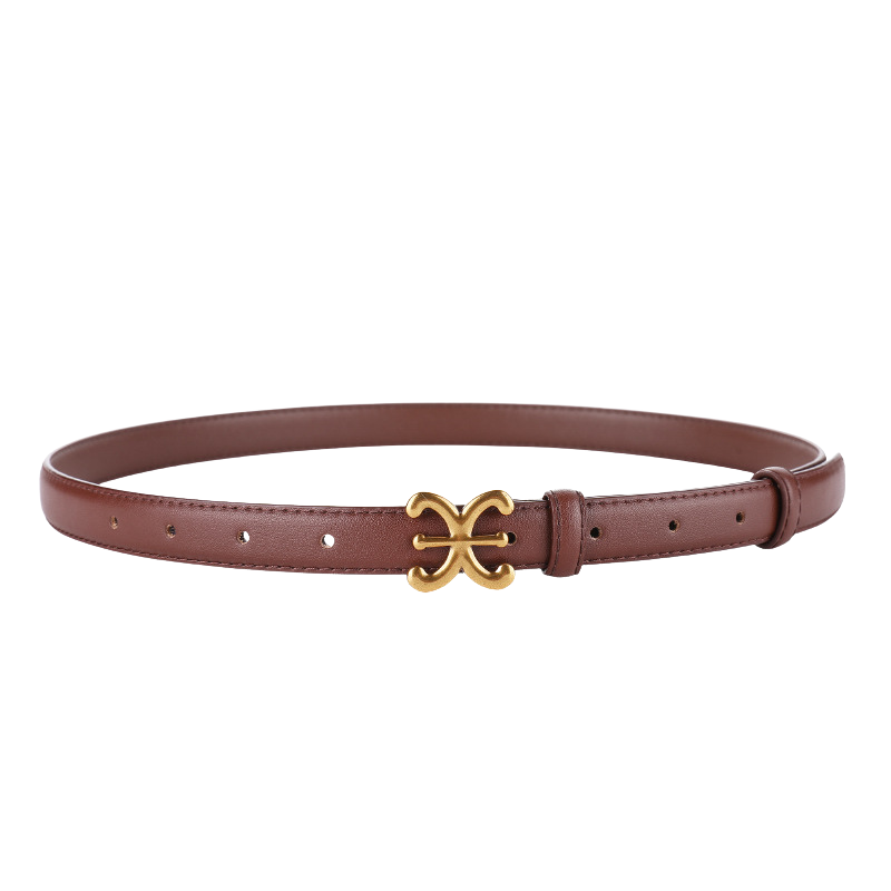 Ceinture fine en cuir marron café pour femme, modèle Nacre, avec une boucle ardillon dorée en forme de nœud floral stylisé.