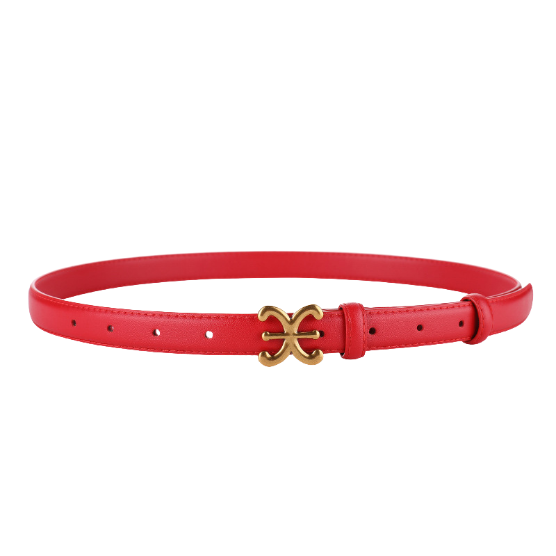 Ceinture fine rouge en cuir de vachette pour femme, modèle Nacre, avec une boucle ardillon dorée en forme de nœud floral stylisé.