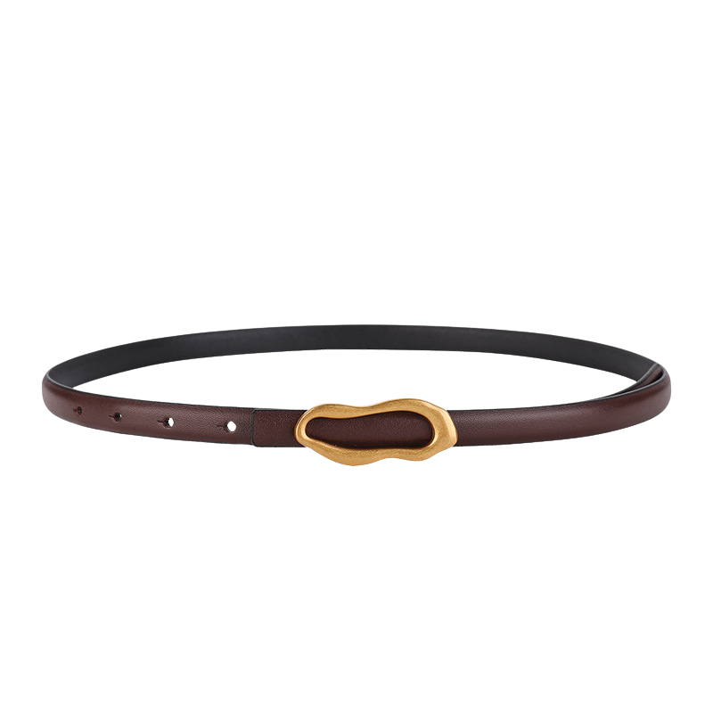Ceinture fine Nadège en cuir marron avec boucle dorée asymétrique