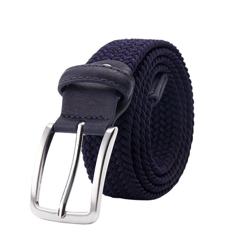 Ceinture homme Nantes 1 tressée élastique bleu foncé avec boucle argentée.