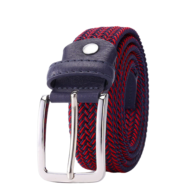 Ceinture tressée élastique homme Nantes 2, rouge et bleu marine, avec boucle argentée.