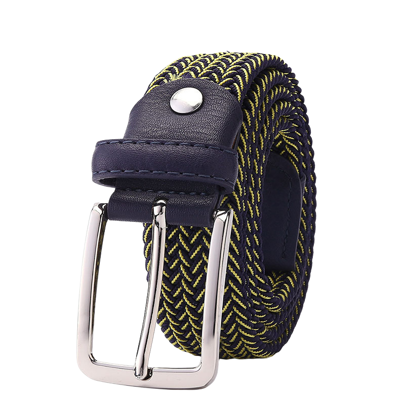 Ceinture tressée élastique homme Nantes 2 bleu marine et jaune avec boucle argentée
