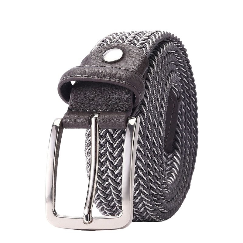 Ceinture homme Nantes 2 tressée élastique grise et blanche avec boucle rectangulaire argentée et passant en cuir marron.
