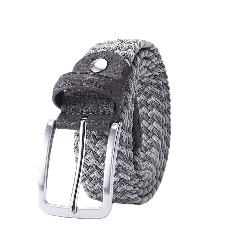 Ceinture tressée élastique grise pour homme, modèle Nantes 3, avec boucle rectangulaire argentée et passant en cuir marron.