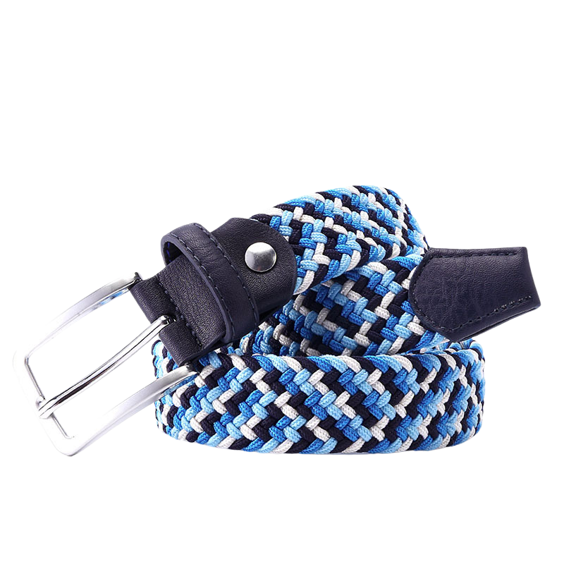 Ceinture tressée élastique homme Nantes 4 bleu clair avec boucle argentée et détails en cuir bleu marine