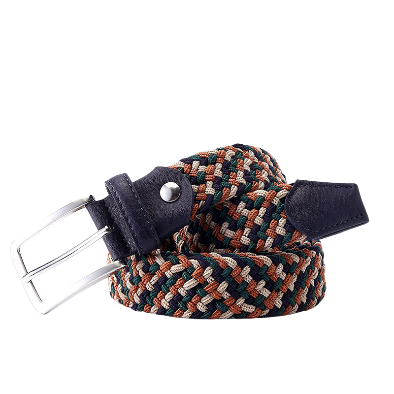 Ceinture tressée élastique homme Nantes 4 avec boucle argentée et finitions en cuir bleu marine, tissage multicolore orange, vert, beige et bleu marine.