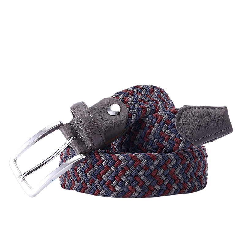 Ceinture tressée élastique homme Nantes 4, mêlant les couleurs bleu marine, rouge et gris, avec boucle rectangulaire argentée.