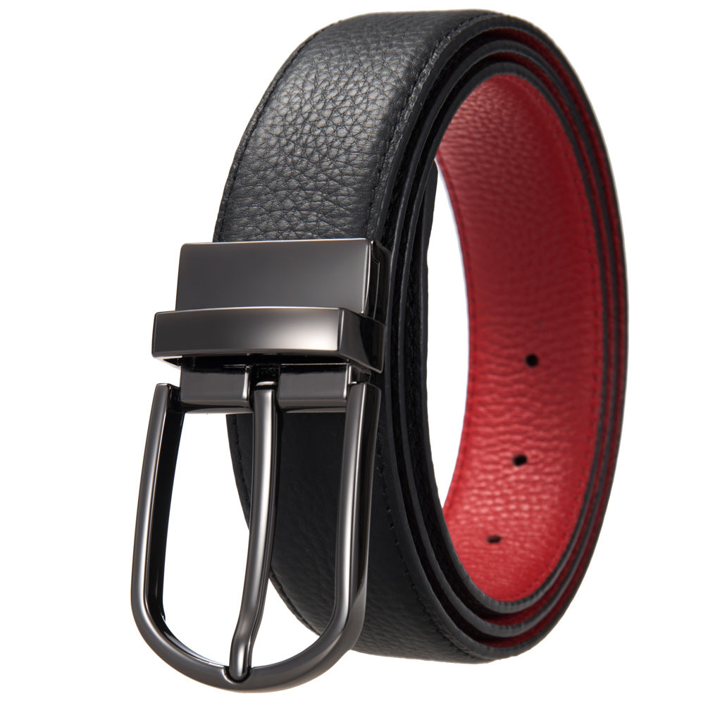 Ceinture réversible homme Nils en cuir pleine fleur noir et rouge, boucle ardillon arrondie en métal foncé.