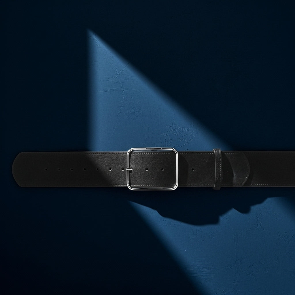 Ceinture Ninette noire en daim avec boucle ardillon carrée argentée, sur fond bleu avec éclairage dramatique #fullwidth