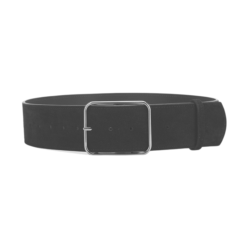 Ceinture large noire en daim pour femme, modèle Ninette, avec boucle carrée argentée.