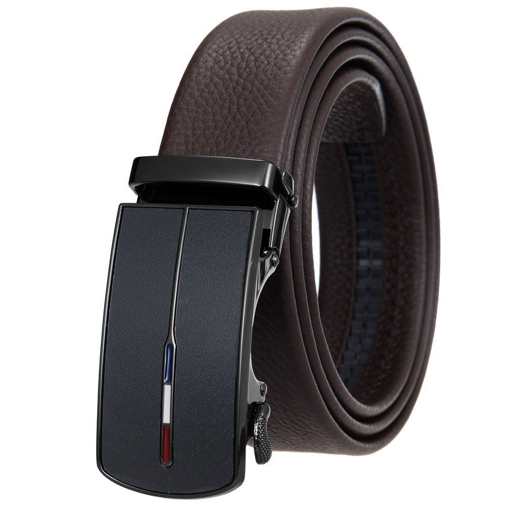 Ceinture pour homme Noé Art en cuir marron avec boucle automatique rectangulaire noire ornée d'un détail tricolore.