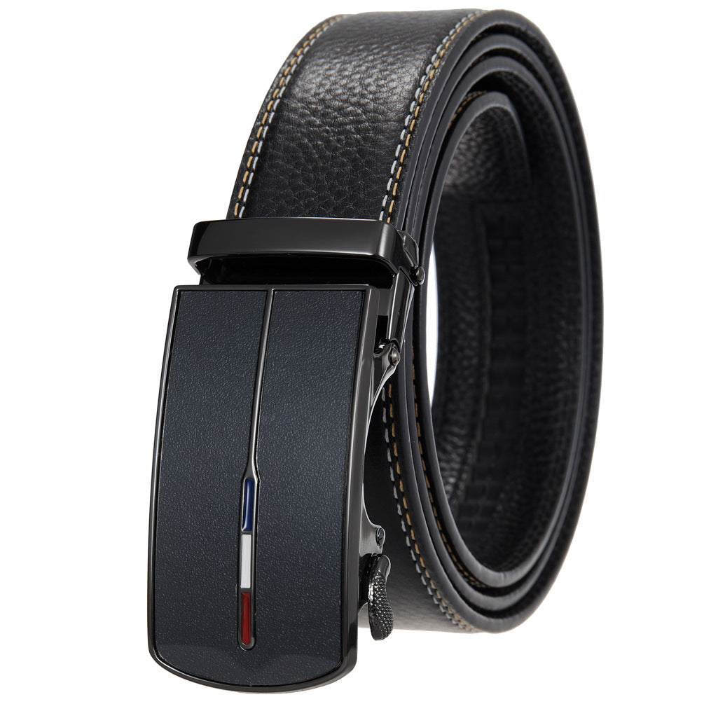 Ceinture pour homme Noé Art en cuir noir avec boucle automatique rectangulaire argentée ornée d'un motif tricolore.