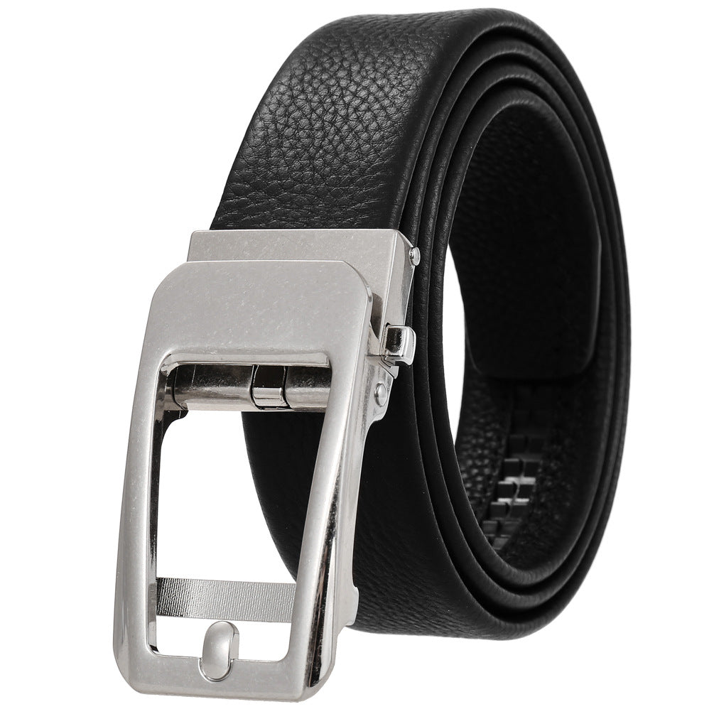 Ceinture homme Noé en cuir noir grain texturé avec boucle rectangulaire argentée automatique sans trous #fullwidth