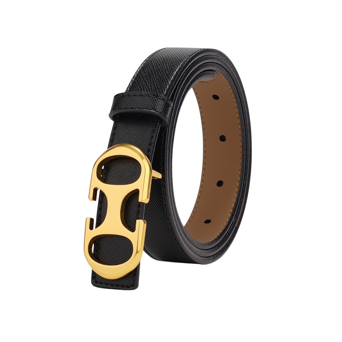 Ceinture pour femme Noélie en cuir noir texturé avec une boucle ardillon ovale allongée dorée.
