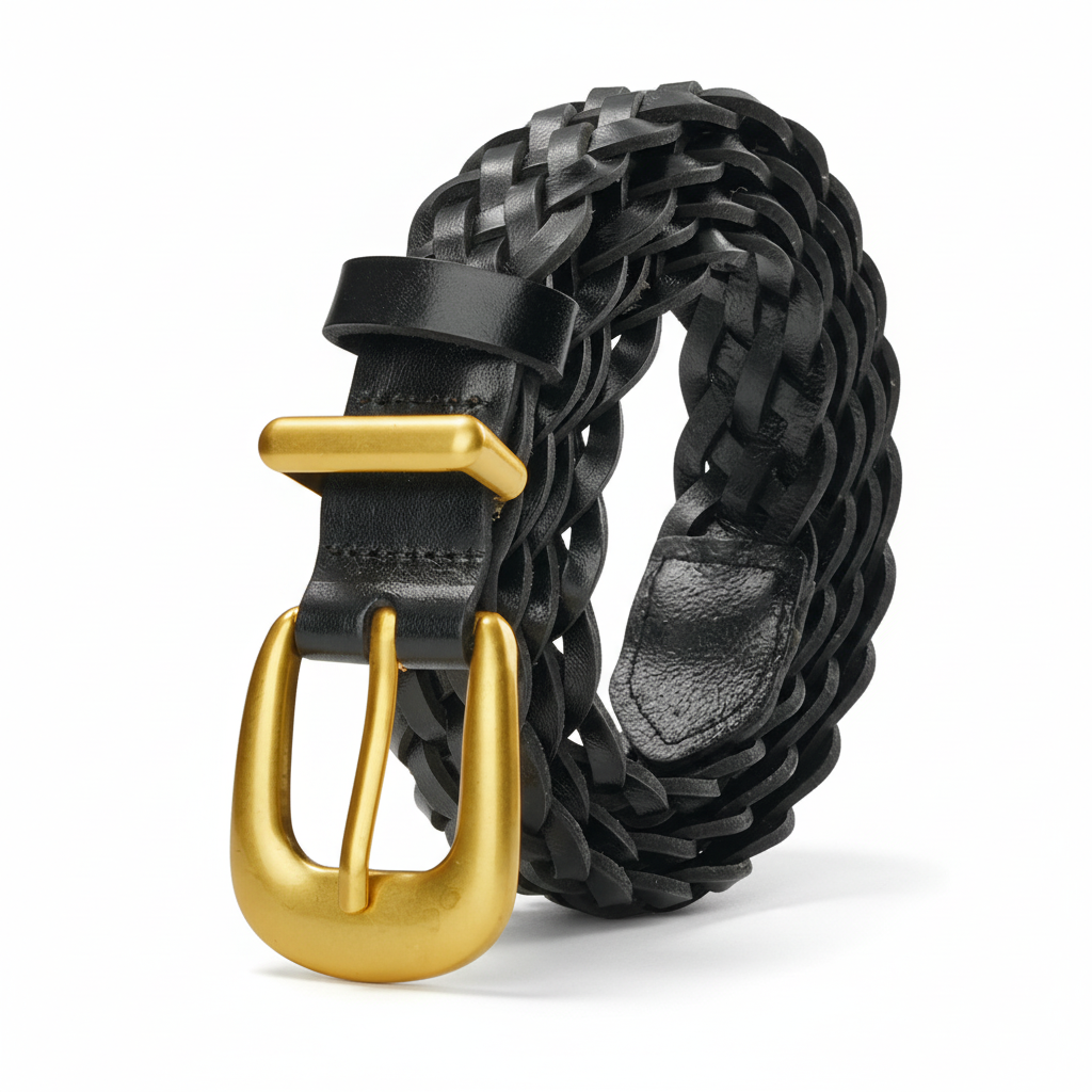 Ceinture tressée noire pour femme, modèle Noémie, avec boucle ardillon dorée arrondie, en cuir pleine fleur.