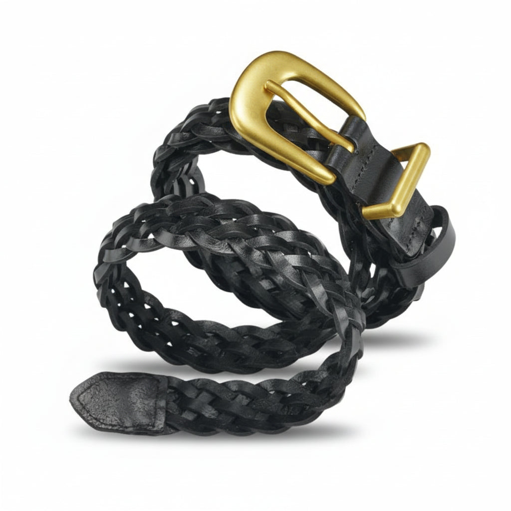 Ceinture tressée noire pour femme, modèle Noémie, avec boucle ardillon arrondie dorée.