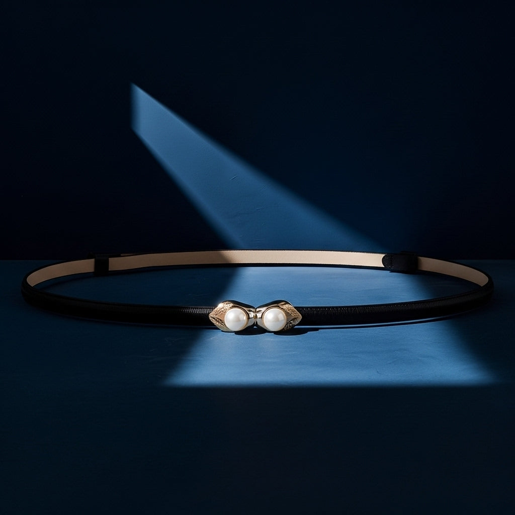 Ceinture fine Noémie-Rose noire avec boucle dorée ornée de perles et de strass, fermoir clipsable sans trous. #fullwidth
