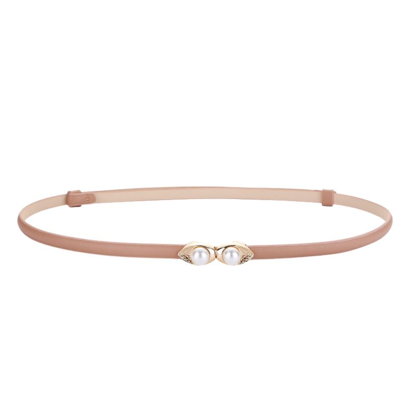 Ceinture femme Noémie-Rose beige en cuir grainé avec boucle feuille dorée ornée de perles et strass, système clipsable sans trous.