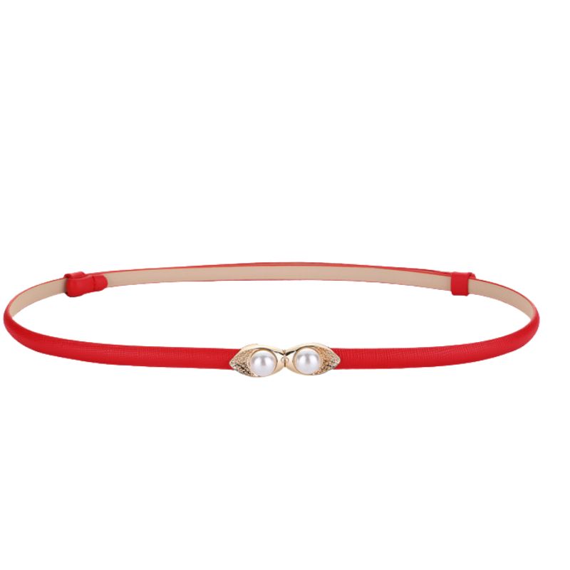 Ceinture fine rouge pour femme, modèle Noémie-Rose, avec boucle dorée ornée de deux perles et de strass.