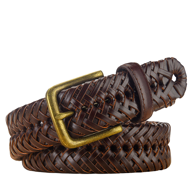 Ceinture homme Normand 2 en cuir tressé marron avec boucle ardillon argentée, largeur 3,35 cm.