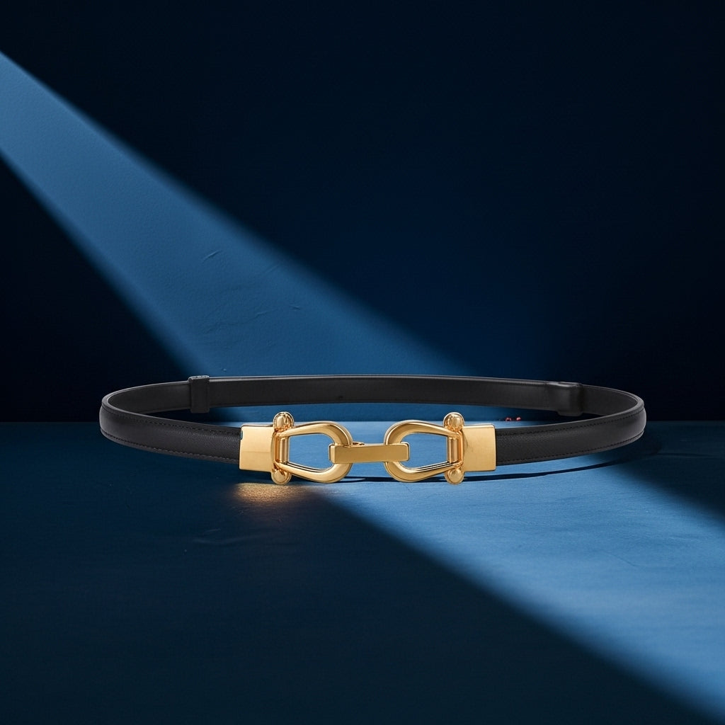 Ceinture fine Nuance en cuir noir avec boucle dorée en forme de maillons enchaînés.#fullwidth