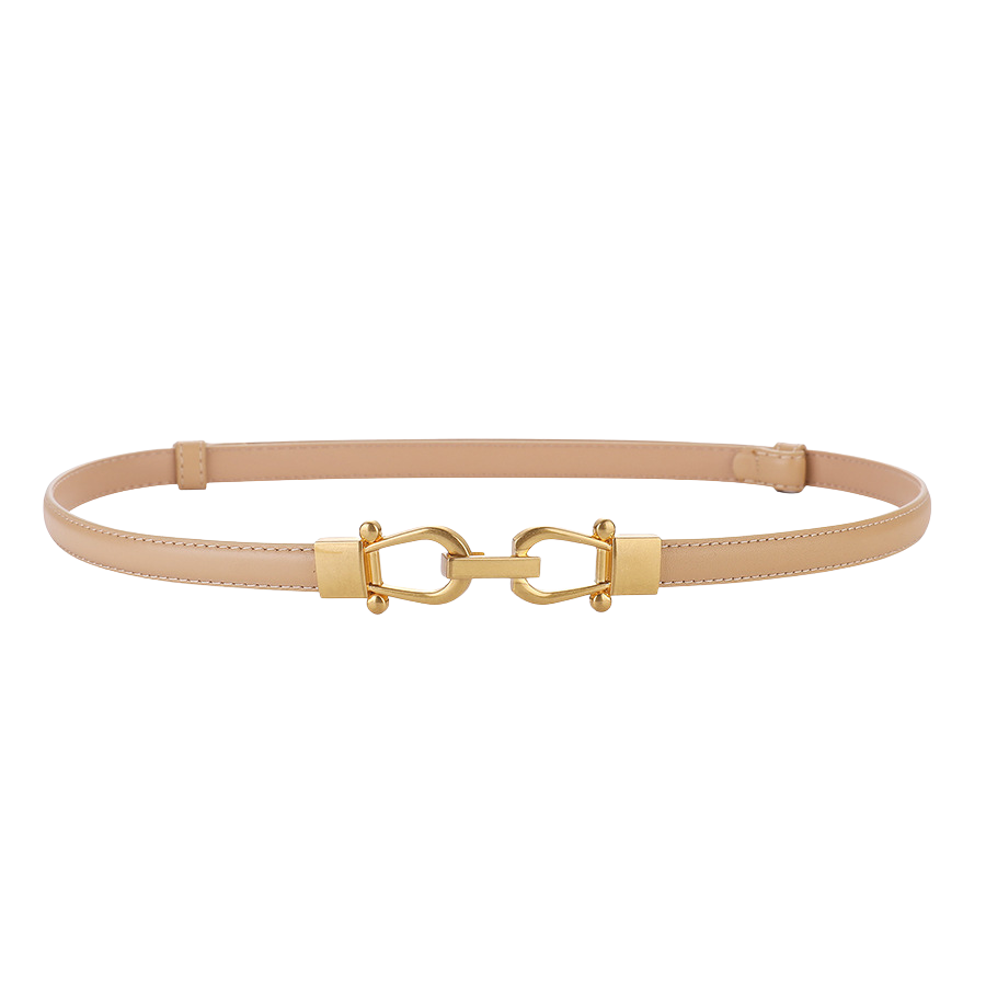 Ceinture femme Nuance en cuir beige avec boucle dorée en forme de crochet, largeur fine de 1.4 cm.