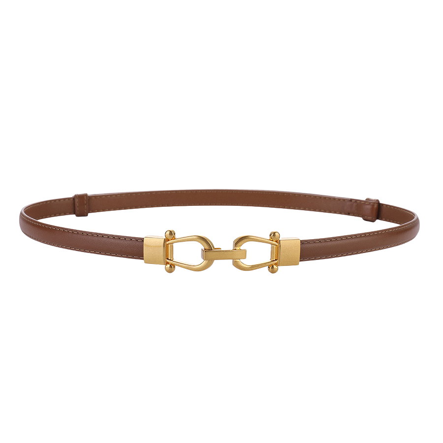 Ceinture fine Nuance en cuir marron clair avec une boucle dorée en forme de maillons enchaînés.
