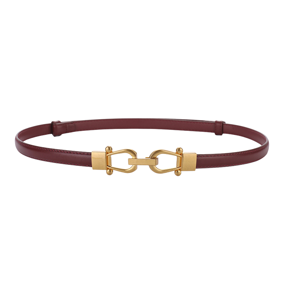 Ceinture fine Nuance en cuir bordeaux avec boucle dorée en forme de crochet enchaîné. Accessoire élégant pour femme.