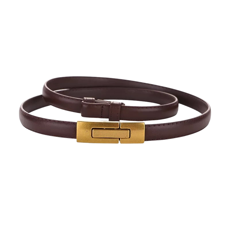 Ceinture Nymphe fine en cuir marron avec boucle dorée rectangulaire