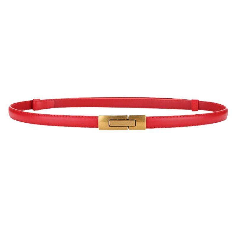 Ceinture Nymphe rouge pour femme, en cuir pleine fleur, avec une boucle rectangulaire dorée et un fermoir double crochet.