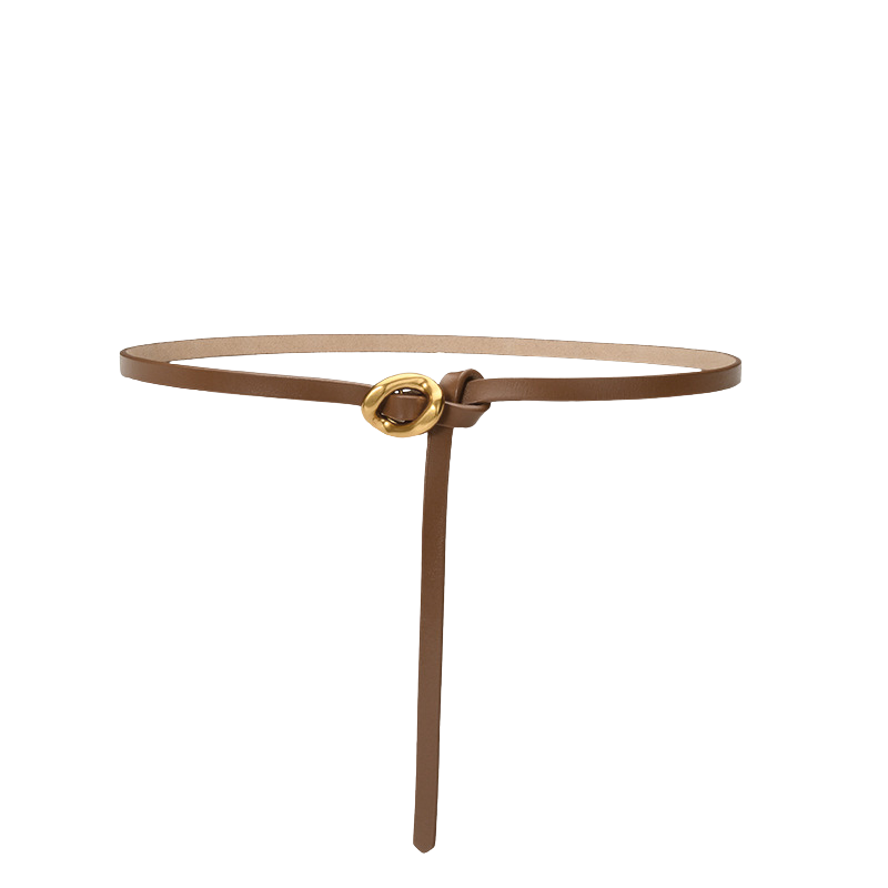 Ceinture fine Ombrelle en cuir marron avec une boucle dorée et un design à nouer, longueur 105 cm.