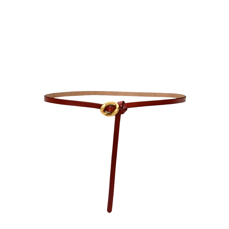 Ceinture fine Ombrelle en cuir rouge avec boucle dorée, style minimaliste et élégant.