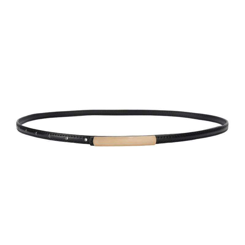 Ceinture fine Ondine en cuir noir avec boucle dorée rectangulaire sans ardillon visible.