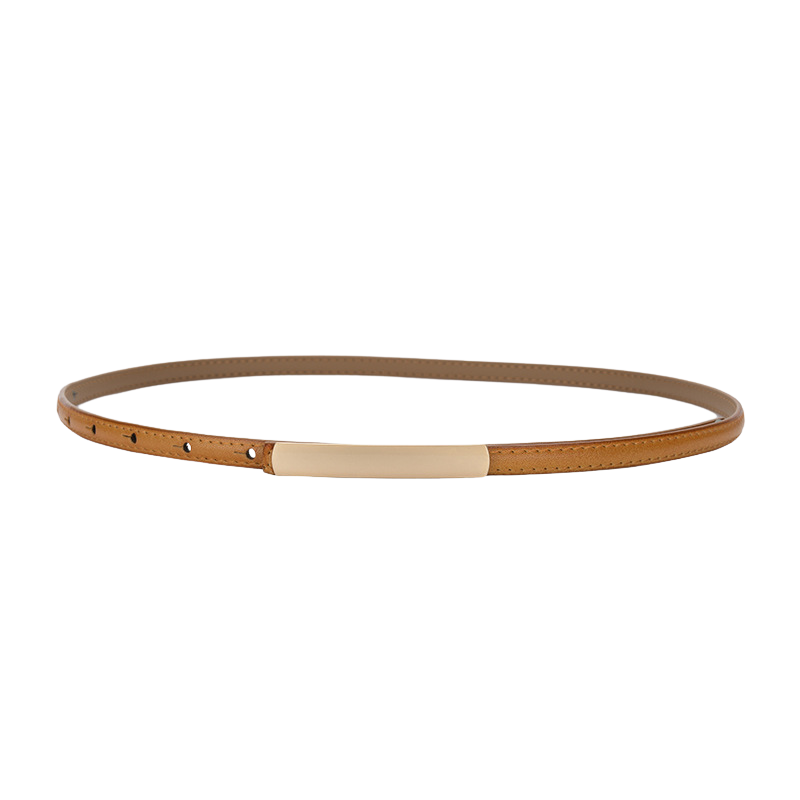 Ceinture fine pour femme Ondine en cuir marron clair avec boucle rectangulaire dorée sans ardillon.