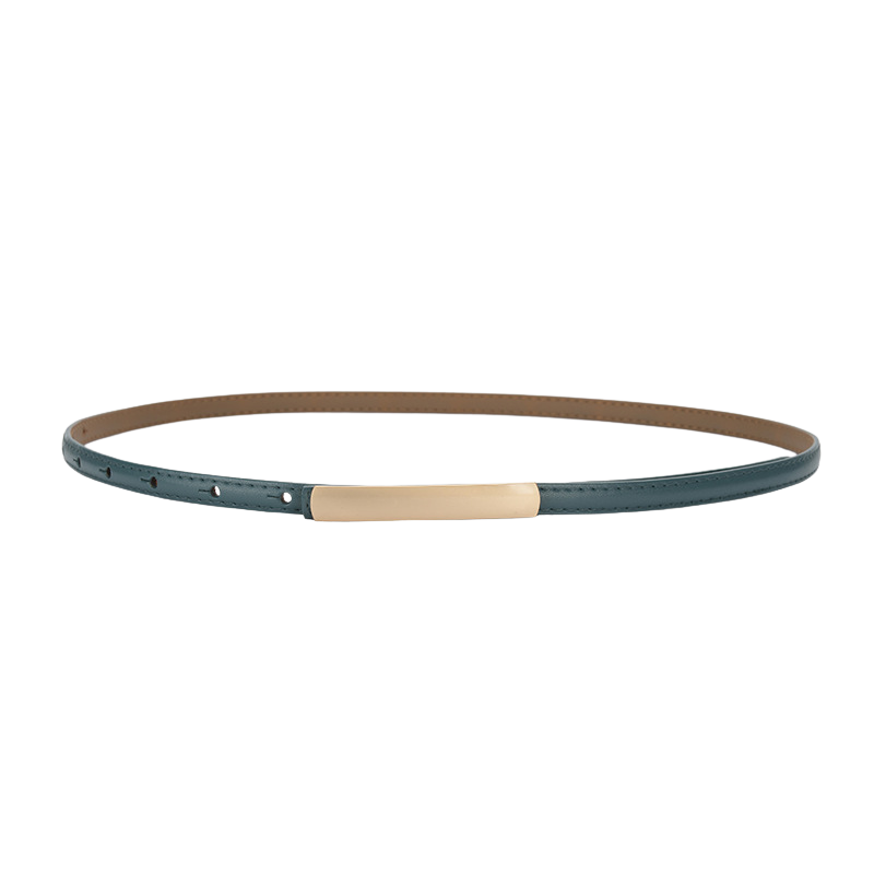 Ceinture fine Ondine bleu foncé en cuir avec boucle rectangulaire dorée discrète.