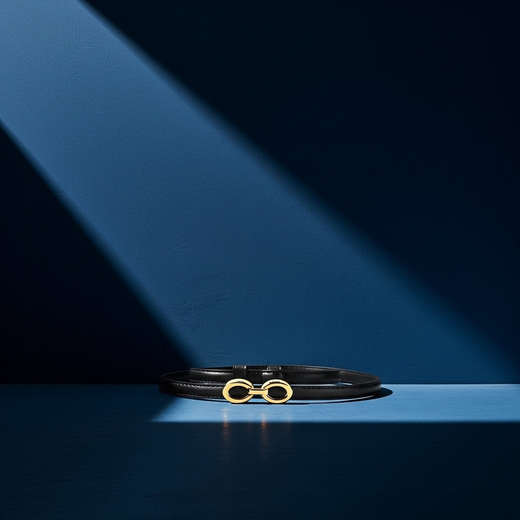 Ceinture fine noire Onirique en cuir avec boucle dorée double ovale décorative sur fond bleu #fullwidth