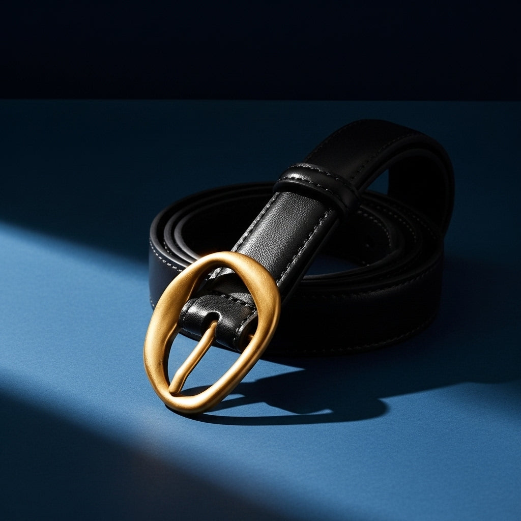 Ceinture pour femme Opale en cuir noir avec une boucle ovale irrégulière en métal doré mat, style vintage. #fullwidth