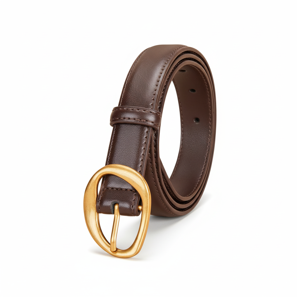 Ceinture fine pour femme Opale en cuir marron café avec boucle ovale irrégulière en métal doré mat.